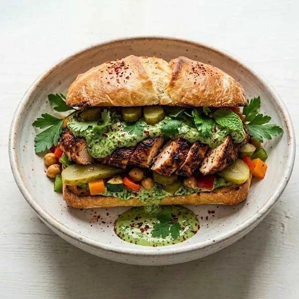 Ottoman spiced chicken sandwich with pickle and green tahini